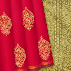 Pink Handloom Kanchipuram Silk Saree With Peacock Buttas-Pink