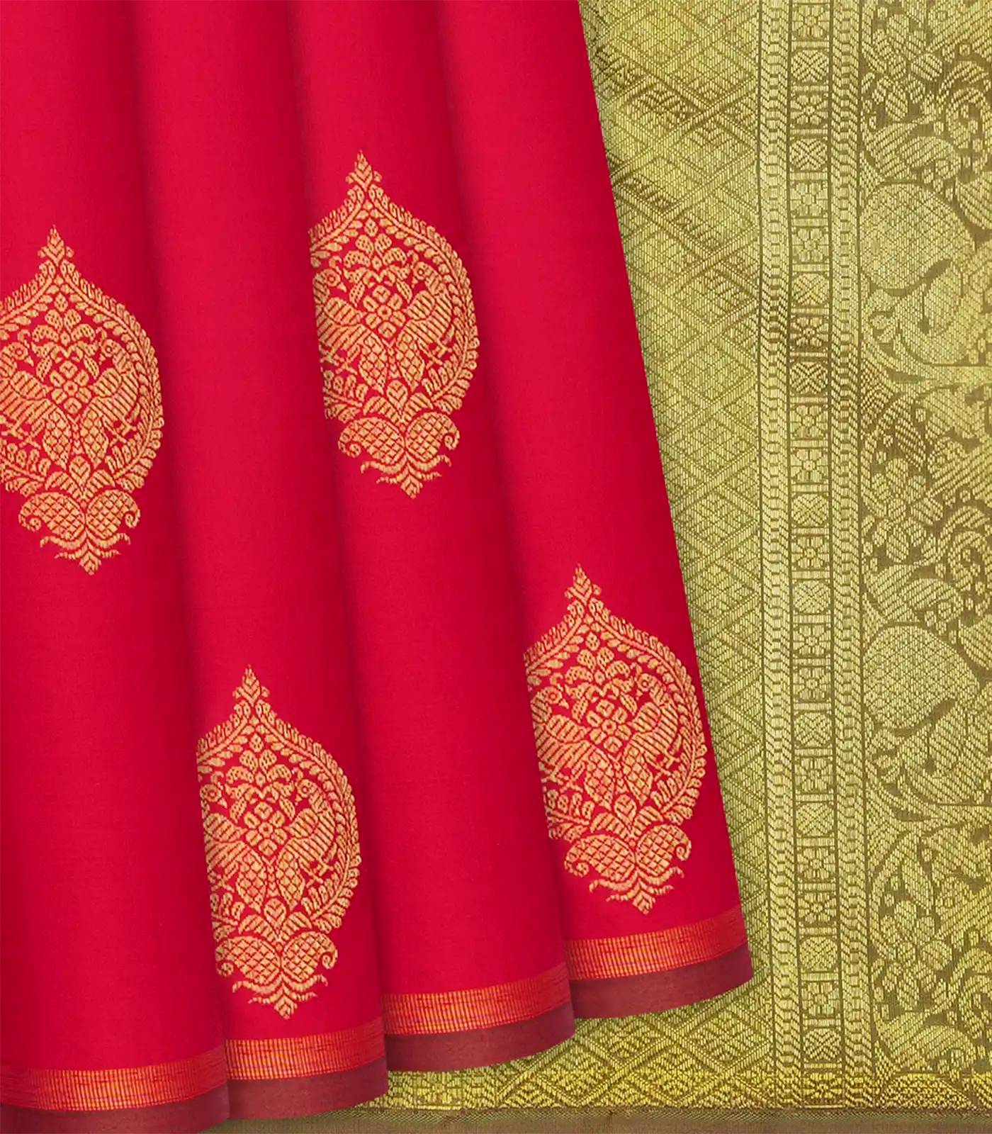 Pink Handloom Kanchipuram Silk Saree With Peacock Buttas-Pink