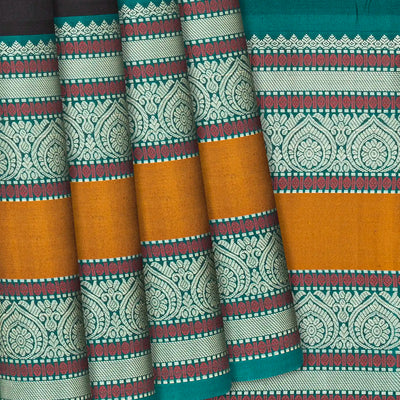 Black Handloom Kanchipuram Korvai Silk Saree With Kamalam Buttas-Black