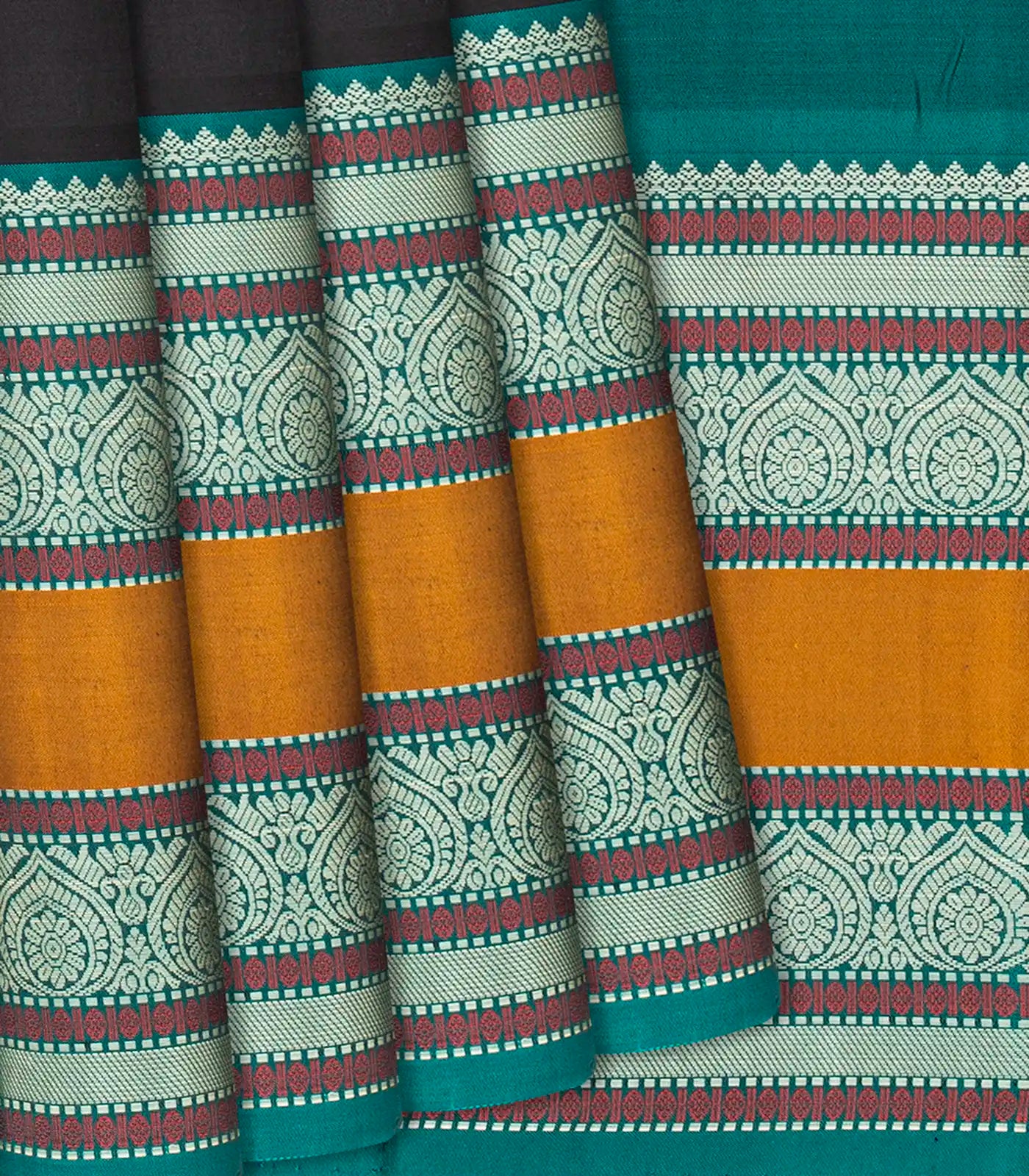 Black Handloom Kanchipuram Korvai Silk Saree With Kamalam Buttas-Black