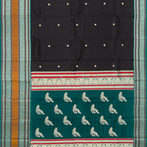 Black Handloom Kanchipuram Korvai Silk Saree With Kamalam Buttas-Black