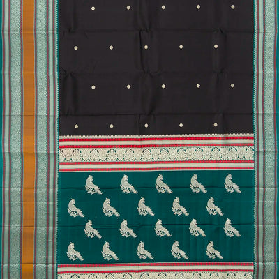 Black Handloom Kanchipuram Korvai Silk Saree With Kamalam Buttas-Black