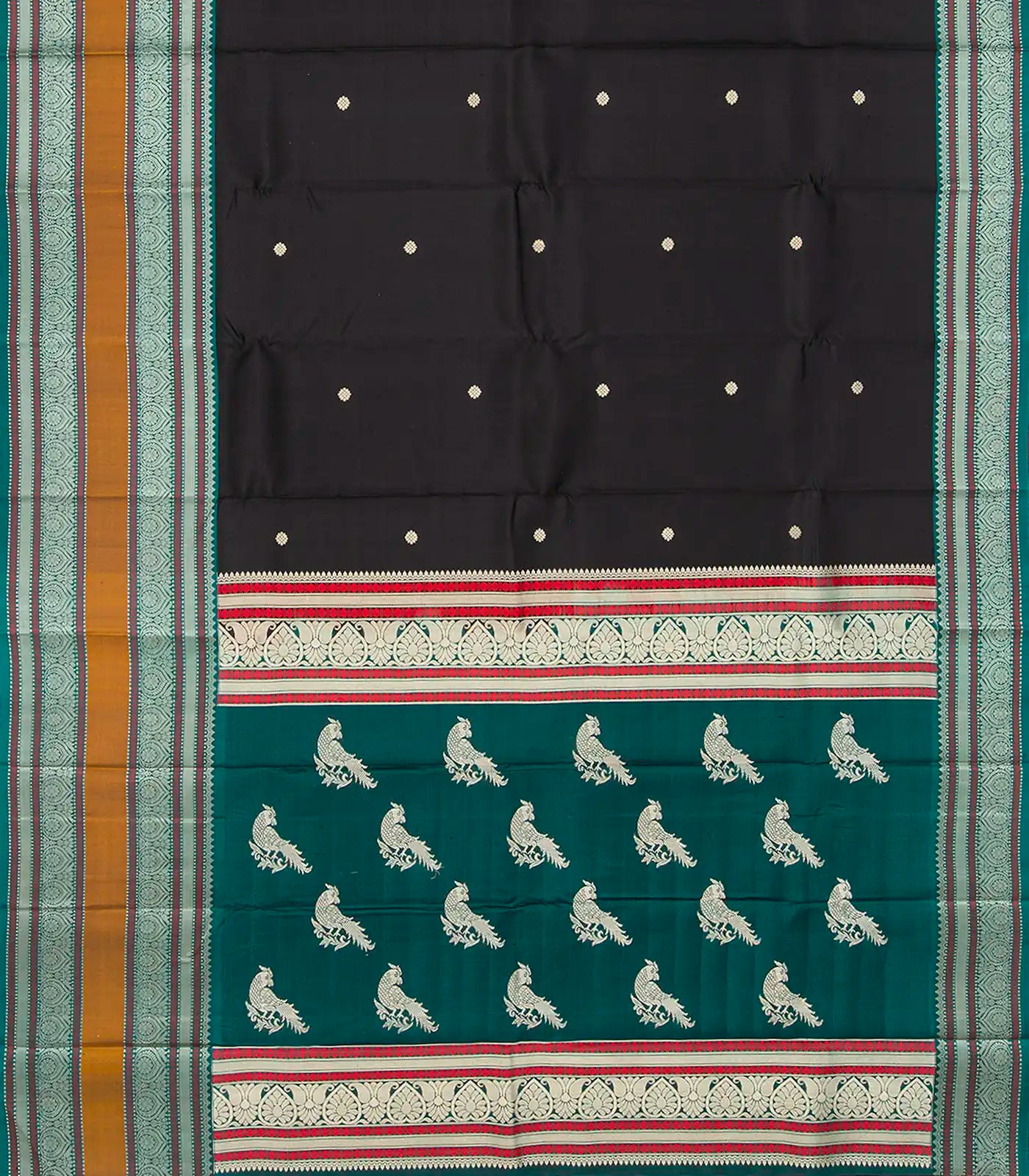 Black Handloom Kanchipuram Korvai Silk Saree With Kamalam Buttas-Black