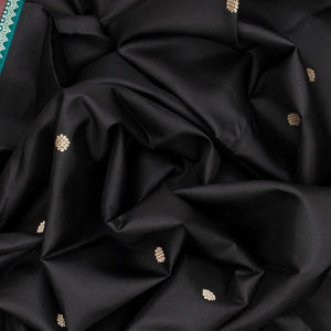 Black Handloom Kanchipuram Korvai Silk Saree With Kamalam Buttas-Black