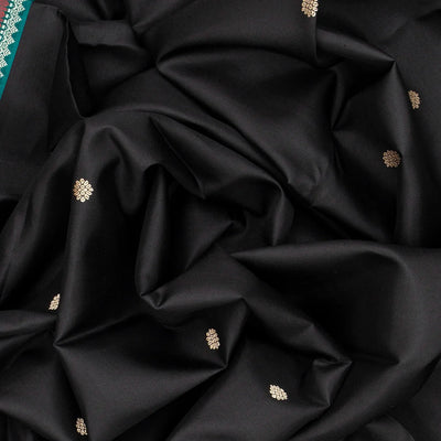 Black Handloom Kanchipuram Korvai Silk Saree With Kamalam Buttas-Black