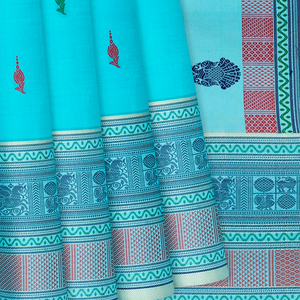 Sky Blue Handloom Kanchipuram Silk Saree With Floral Buttas-Sky Blue