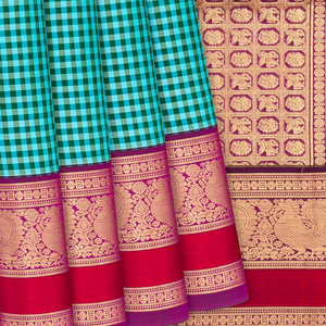 Cyan Handloom Kanchipuram Silk Saree With Checks-Cyan
