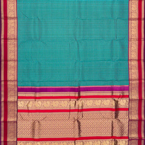 Cyan Handloom Kanchipuram Silk Saree With Checks-Cyan