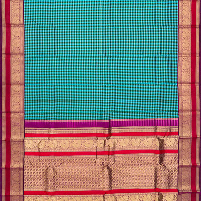 Cyan Handloom Kanchipuram Silk Saree With Checks-Cyan