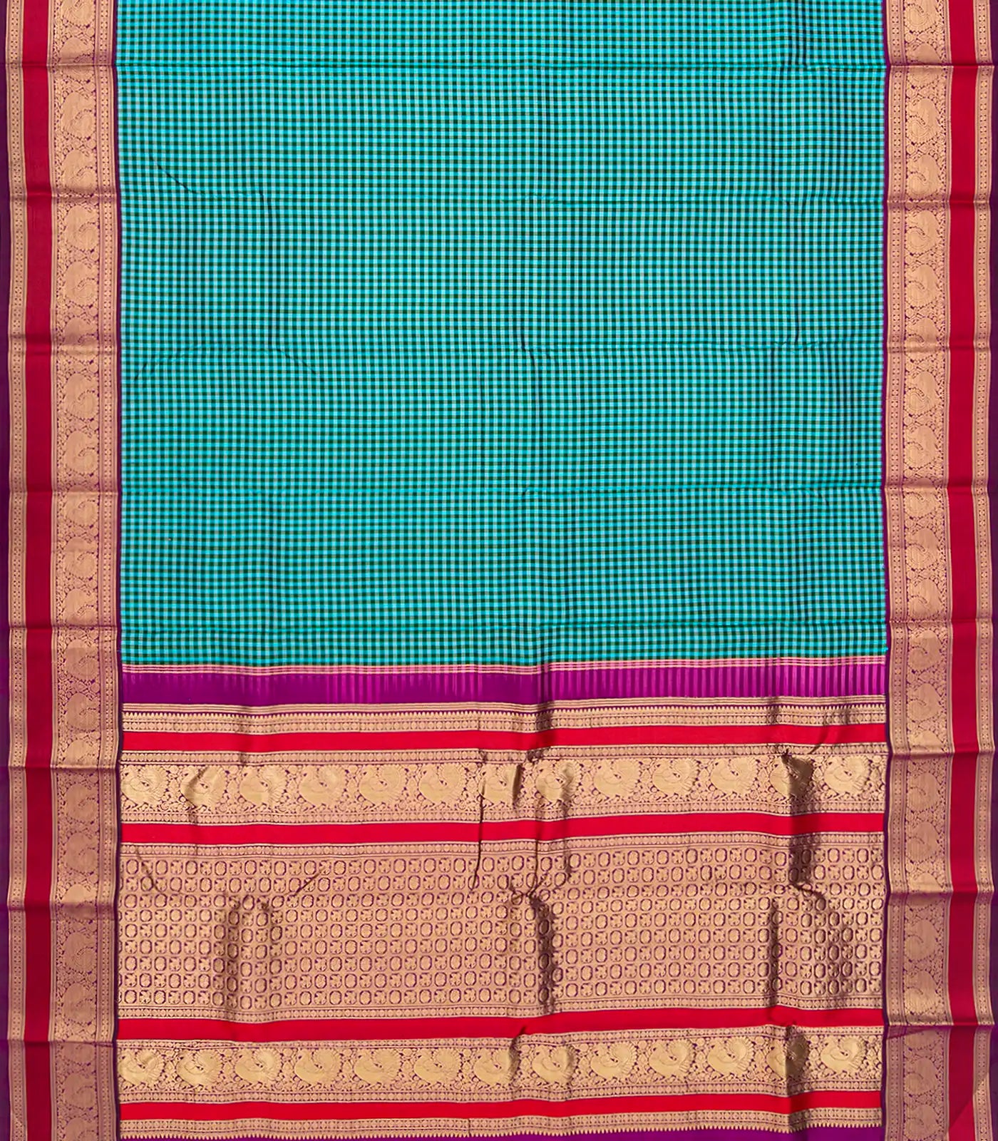Cyan Handloom Kanchipuram Silk Saree With Checks-Cyan