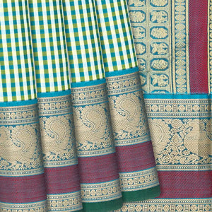 Green Handloom Kanchipuram Silk Saree With Checks-Green