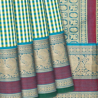 Green Handloom Kanchipuram Silk Saree With Checks-Green