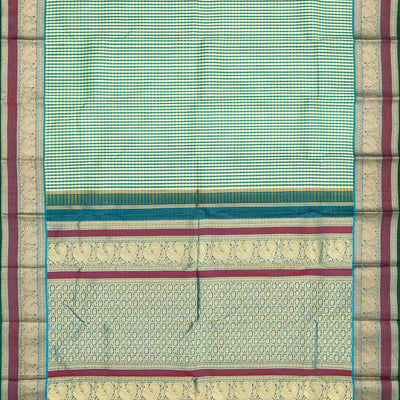 Green Handloom Kanchipuram Silk Saree With Checks-Green