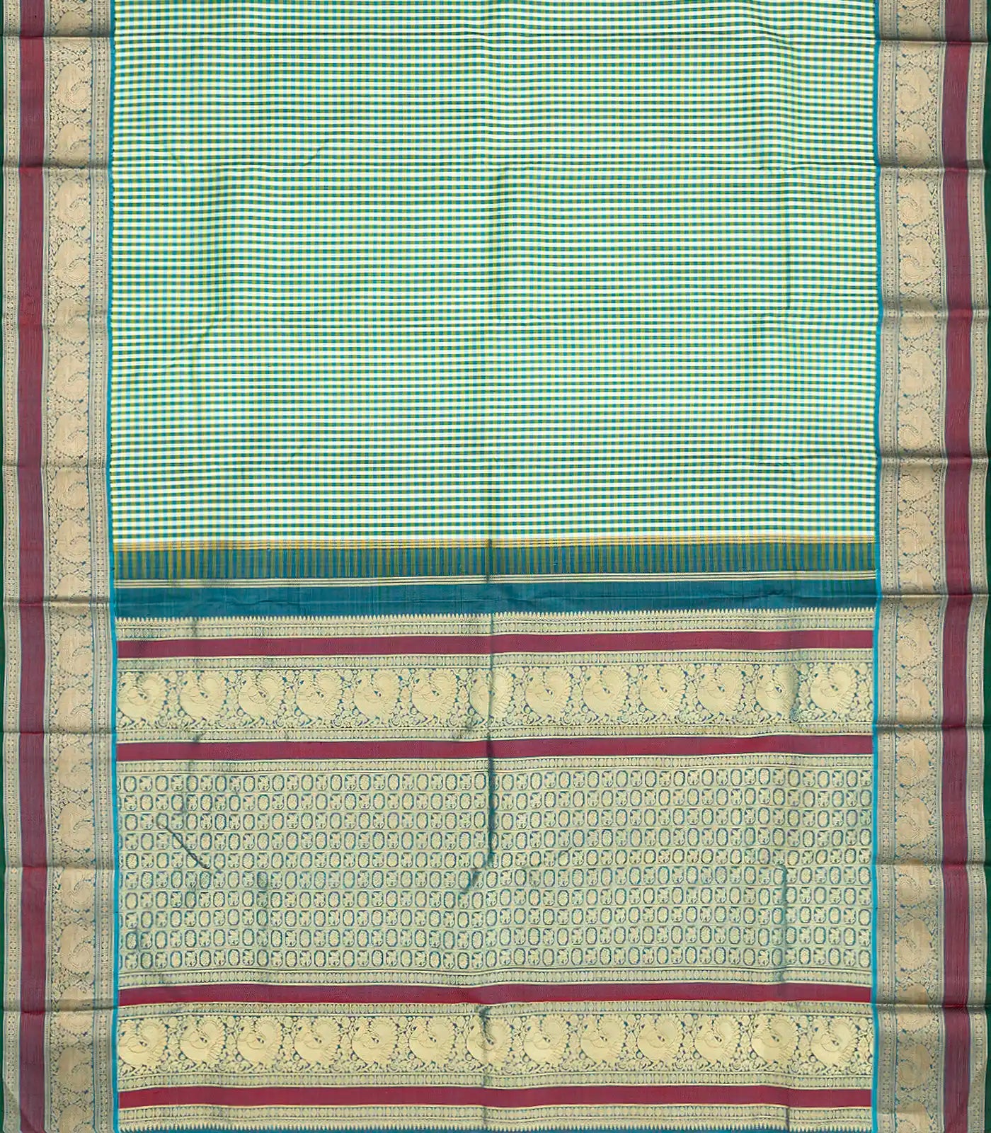 Green Handloom Kanchipuram Silk Saree With Checks-Green