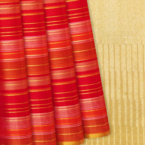 Red Handloom Kanchipuram Silk Saree With Stripes-Red