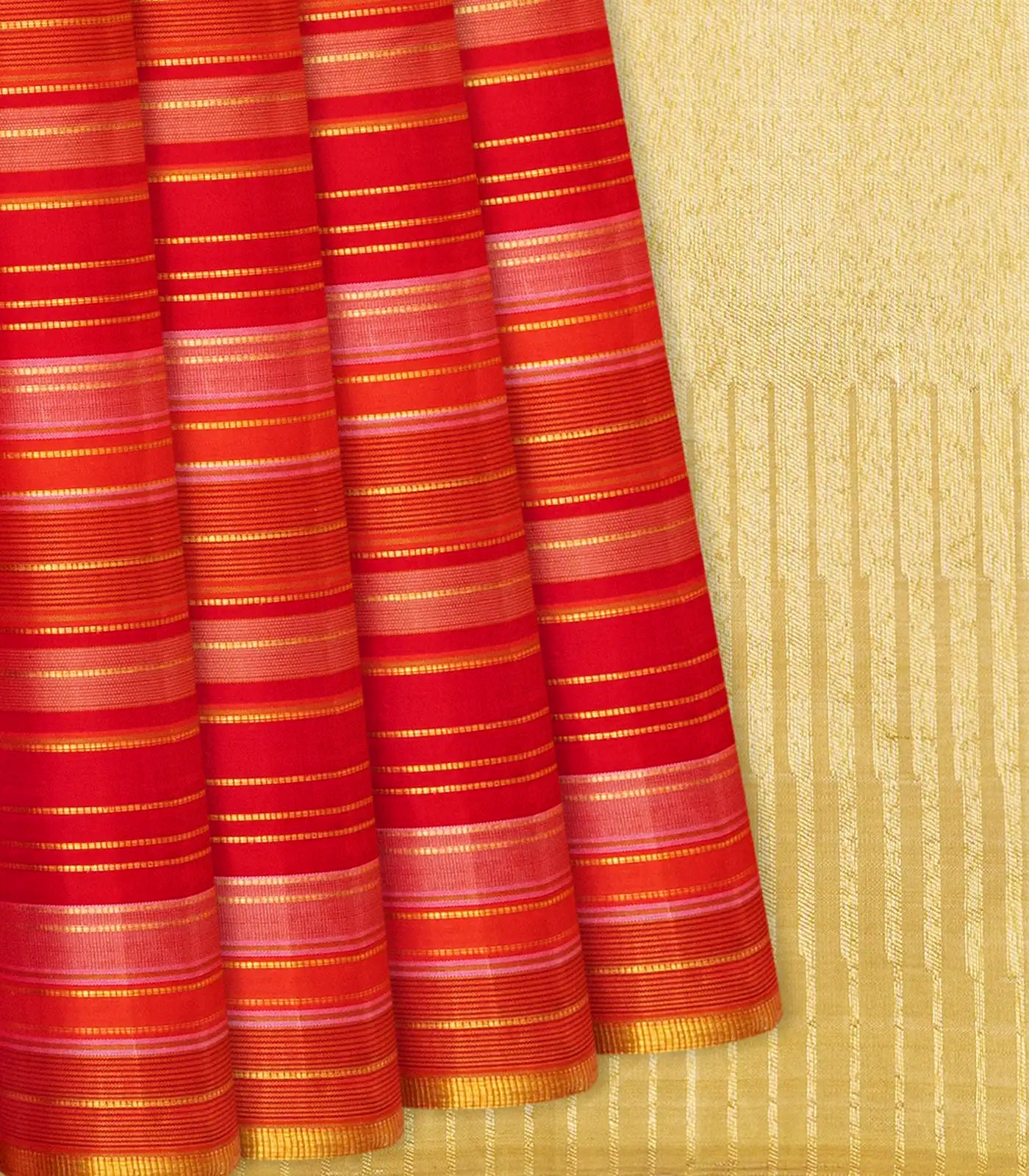 Red Handloom Kanchipuram Silk Saree With Stripes-Red