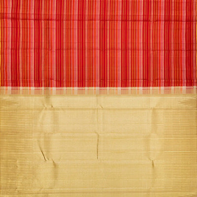 Red Handloom Kanchipuram Silk Saree With Stripes-Red