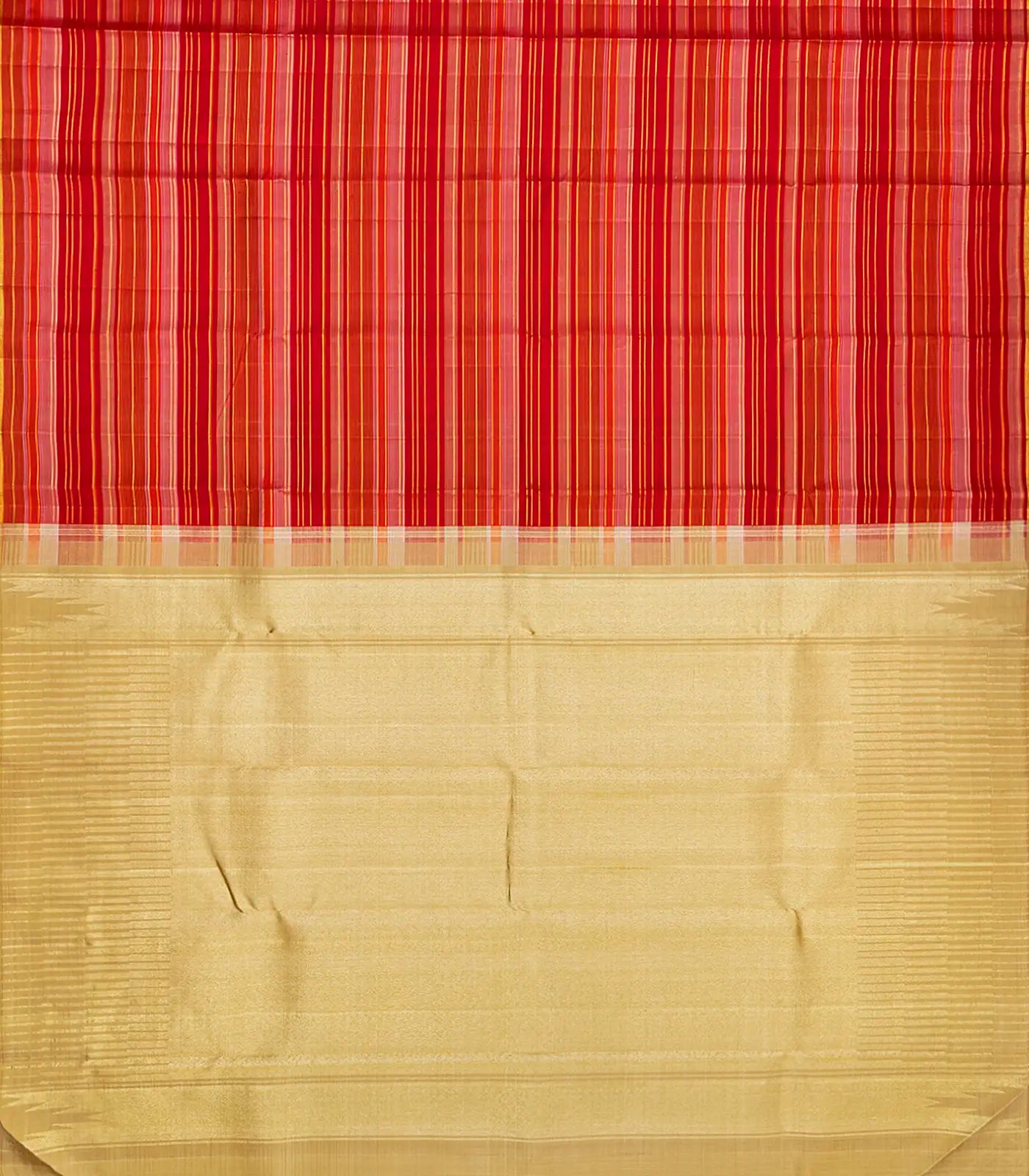 Red Handloom Kanchipuram Silk Saree With Stripes-Red