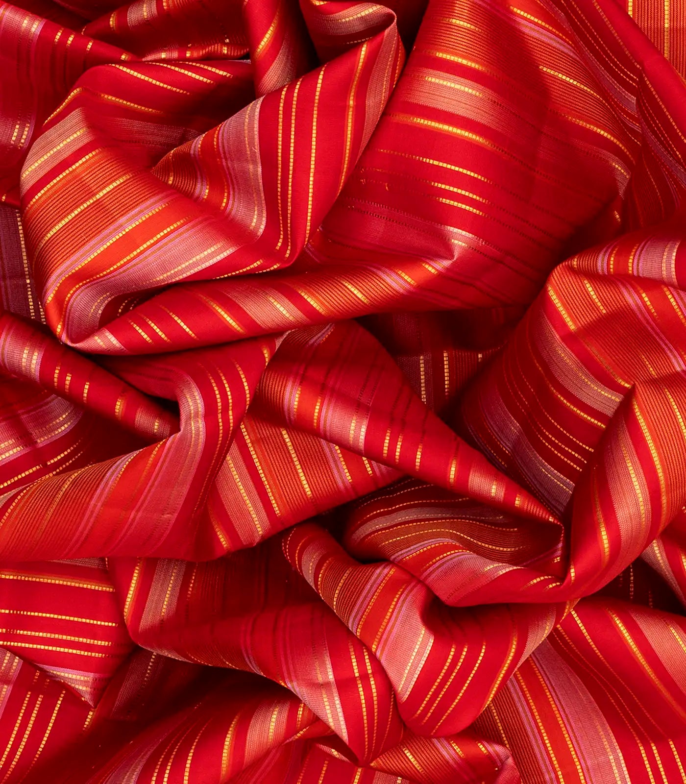 Red Handloom Kanchipuram Silk Saree With Stripes-Red