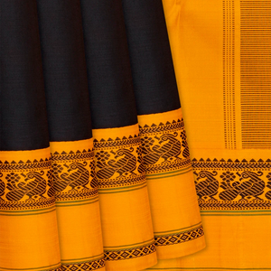 Black Handloom Kanchipuram Korvai Silk Saree With Mustard Border-Black