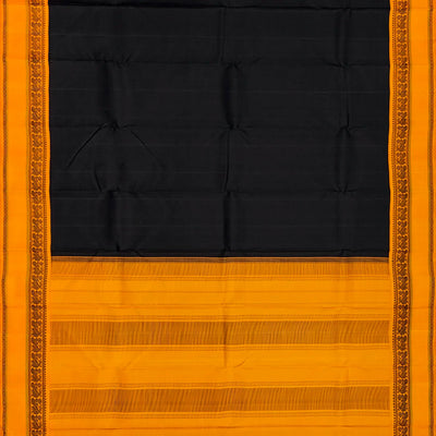 Black Handloom Kanchipuram Korvai Silk Saree With Mustard Border-Black