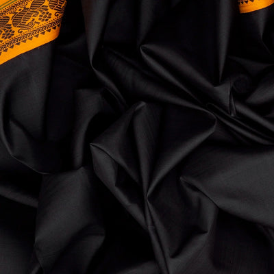 Black Handloom Kanchipuram Korvai Silk Saree With Mustard Border-Black