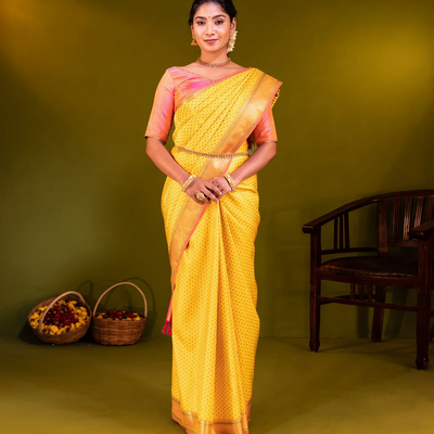 Yellow Handloom Kanchipuram Silk Saree With Meena Kamalam Motifs-Yellow