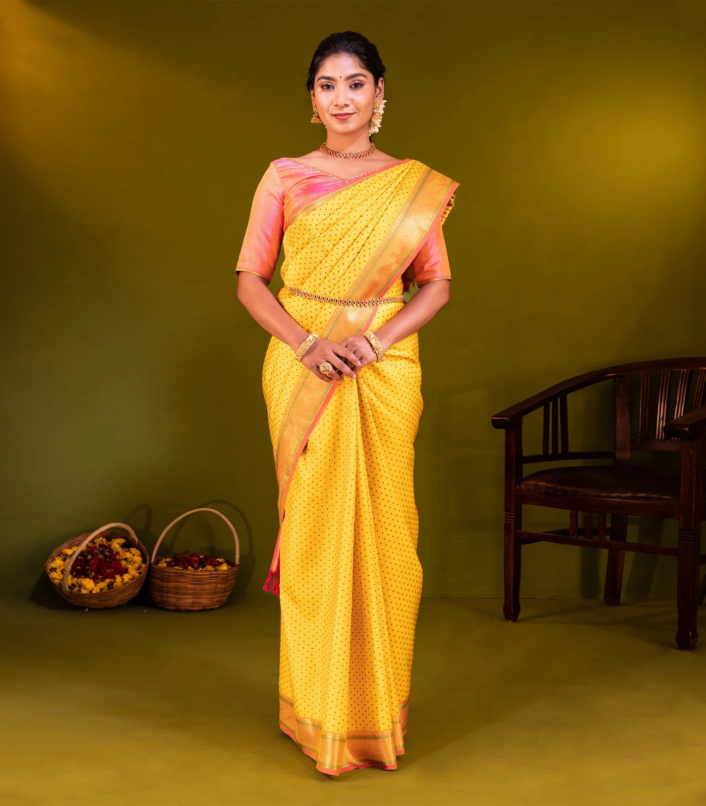Yellow Handloom Kanchipuram Silk Saree With Meena Kamalam Motifs-Yellow