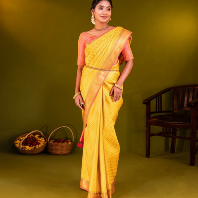 Yellow Handloom Kanchipuram Silk Saree With Meena Kamalam Motifs-Yellow
