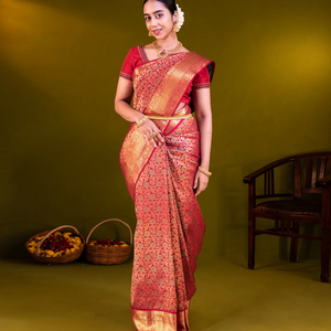 Crimson Handloom Kanchipuram Silk Saree With Meena Floral Motifs-Crimson