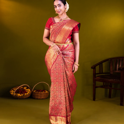 Crimson Handloom Kanchipuram Silk Saree With Meena Floral Motifs-Crimson