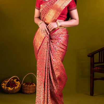 Crimson Handloom Kanchipuram Silk Saree With Meena Floral Motifs-Crimson