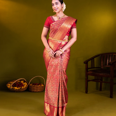 Crimson Handloom Kanchipuram Silk Saree With Meena Floral Motifs-Crimson
