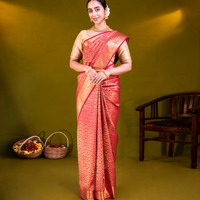 Red Handloom Kanchipuram Silk Saree With Floral Vine Motifs-Red