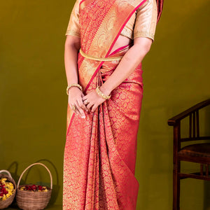 Red Handloom Kanchipuram Silk Saree With Floral Vine Motifs-Red