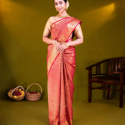 Red Handloom Kanchipuram Silk Saree With Floral Vine Motifs-Red