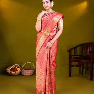 Red Handloom Kanchipuram Silk Saree With Floral Vine Motifs-Red