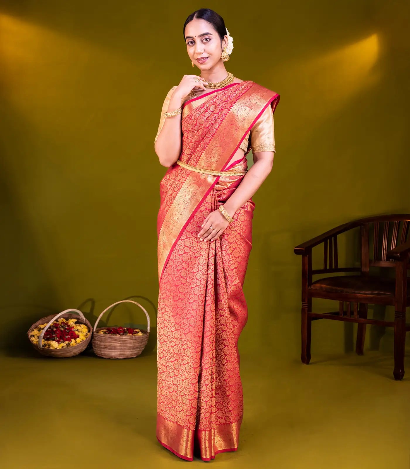 Red Handloom Kanchipuram Silk Saree With Floral Vine Motifs-Red