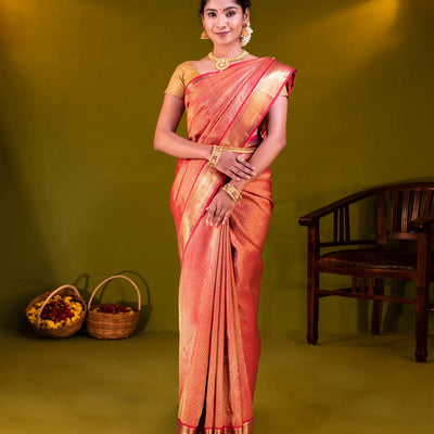 Crimson Handloom Kanchipuram Silk Saree With Kamalam Motifs-Crimson