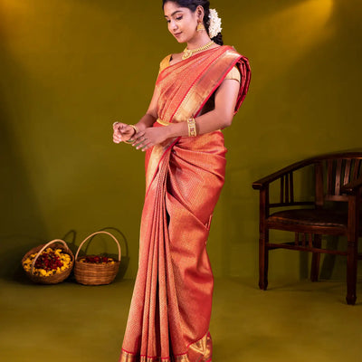 Crimson Handloom Kanchipuram Silk Saree With Kamalam Motifs-Crimson