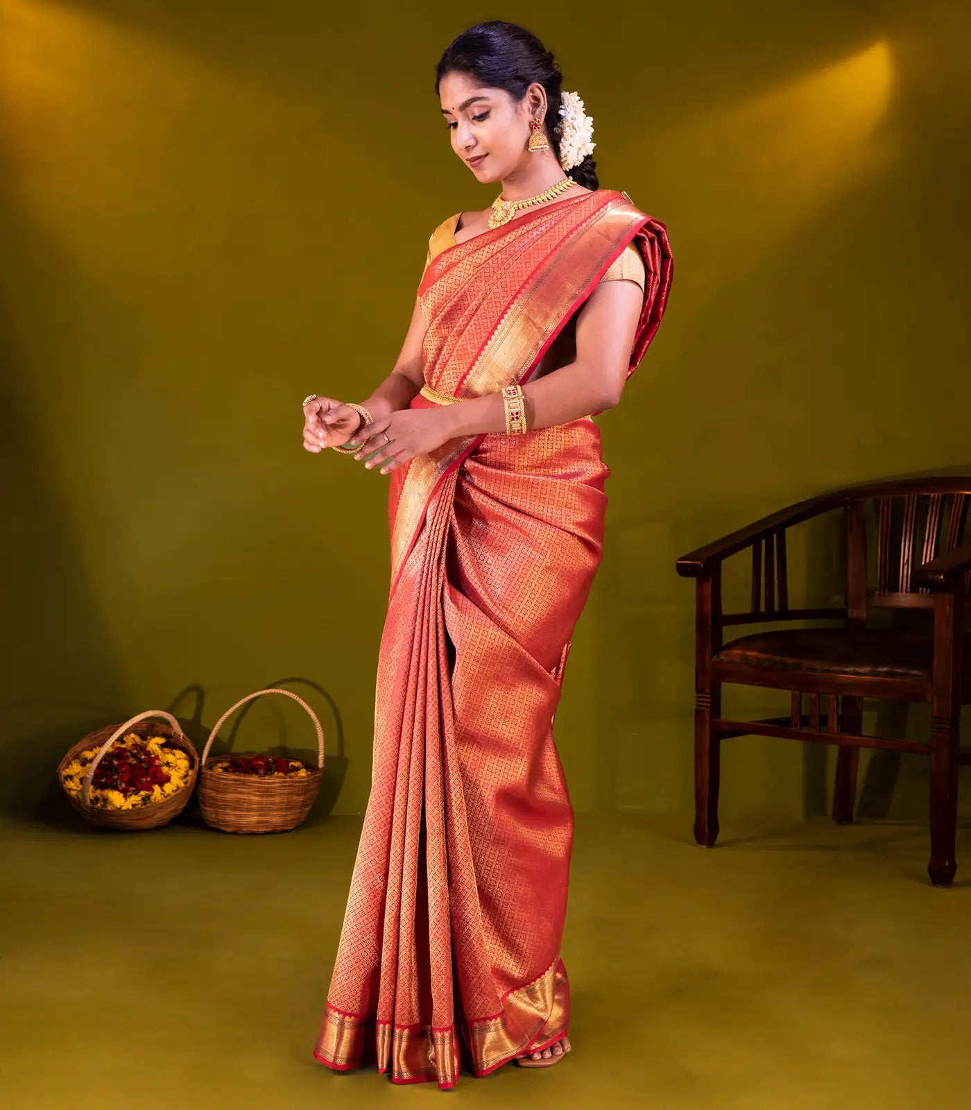 Crimson Handloom Kanchipuram Silk Saree With Kamalam Motifs-Crimson