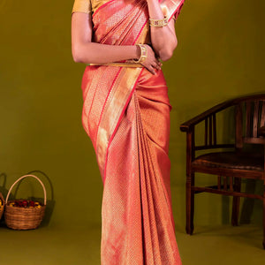 Crimson Handloom Kanchipuram Silk Saree With Kamalam Motifs-Crimson