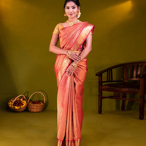 Crimson Handloom Kanchipuram Silk Saree With Kamalam Motifs-Crimson
