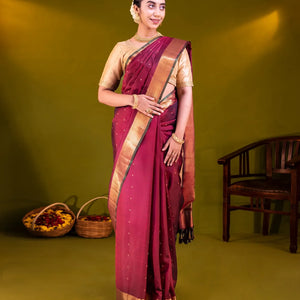 Maroon Handloom Kanchipuram Silk Saree With Kamalam Buttas-Maroon
