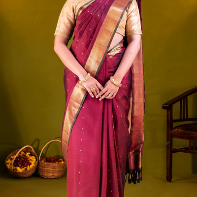 Maroon Handloom Kanchipuram Silk Saree With Kamalam Buttas-Maroon