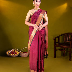 Maroon Handloom Kanchipuram Silk Saree With Kamalam Buttas-Maroon