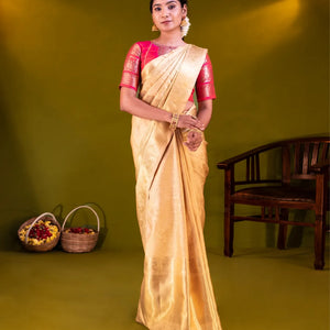 Gold Handloom Kanchipuram Tissue Silk Saree With Vanasingaram Motifs-Gold