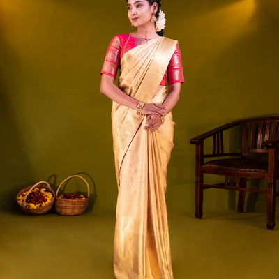 Gold Handloom Kanchipuram Tissue Silk Saree With Vanasingaram Motifs-Gold