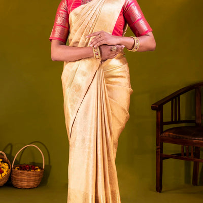 Gold Handloom Kanchipuram Tissue Silk Saree With Vanasingaram Motifs-Gold