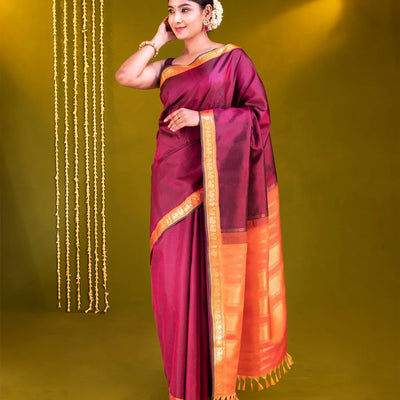 Maroon Handloom Kanchipuram Silk Saree With Annam Motifs In Border-Maroon